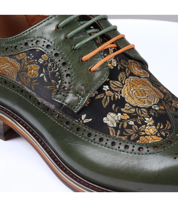 Ross - Men's Floral Print Leather Green Brogue Shoes