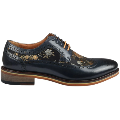 Ross - Men's Floral Print Leather Navy Brogue Shoes