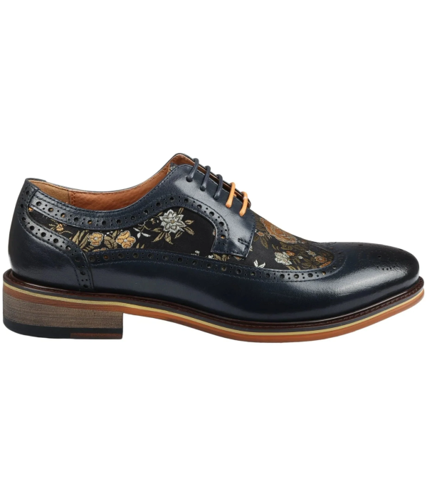 Ross - Men's Floral Print Leather Navy Brogue Shoes