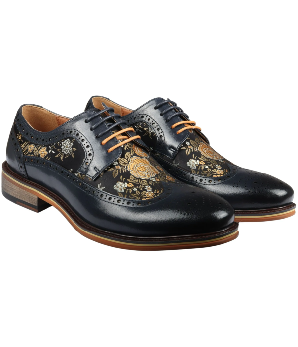 Ross - Men's Floral Print Leather Navy Brogue Shoes