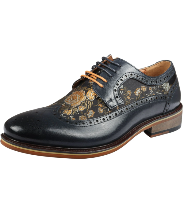 Ross - Men's Floral Print Leather Navy Brogue Shoes