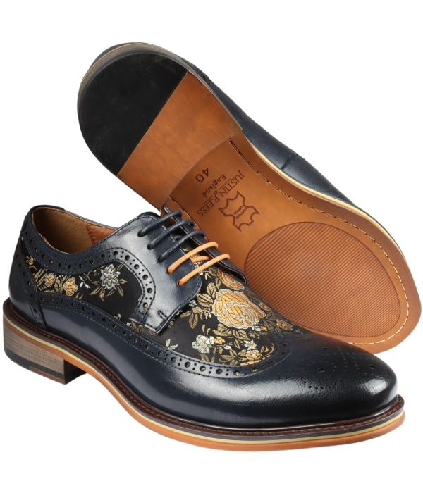 Ross - Men's Floral Print Leather Navy Brogue Shoes