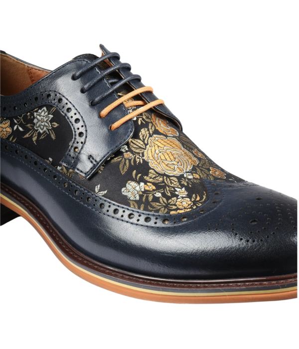 Ross - Men's Floral Print Leather Navy Brogue Shoes