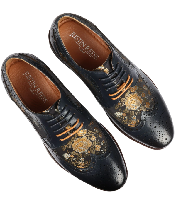 Ross - Men's Floral Print Leather Navy Brogue Shoes