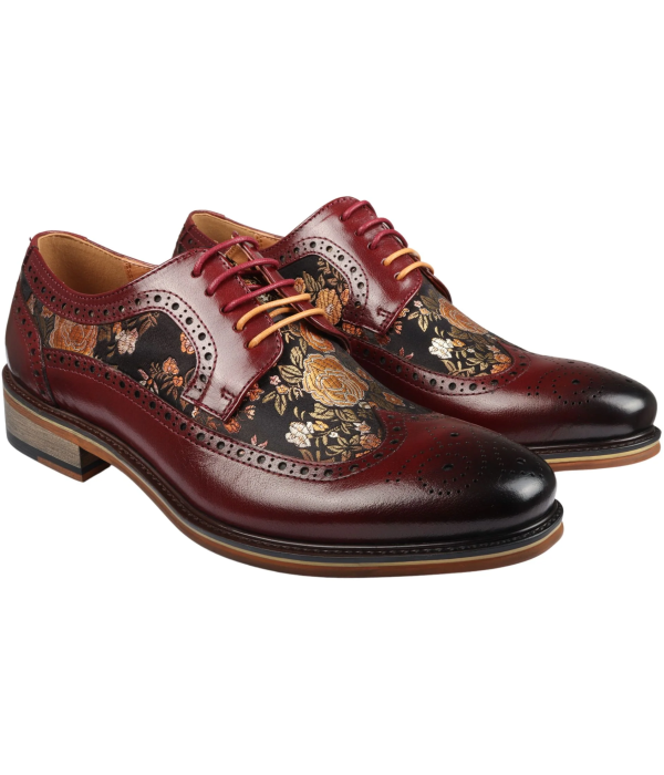 Ross - Men's Floral Print Leather Red Brogue Shoes