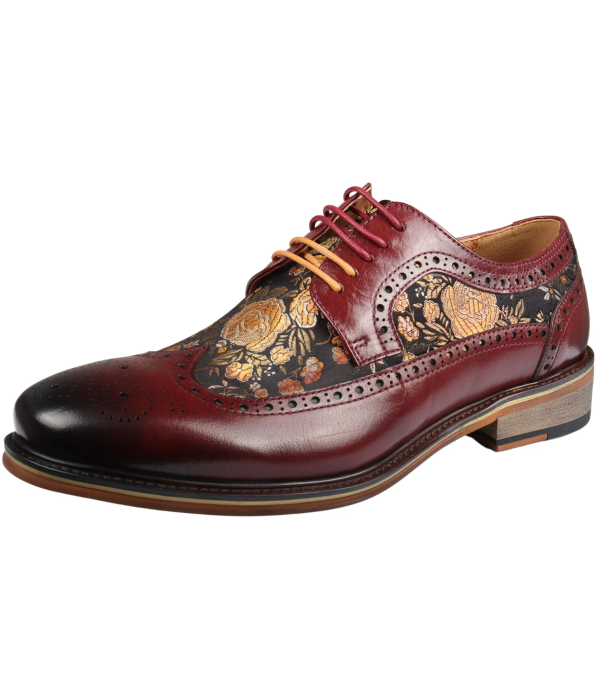 Ross - Men's Floral Print Leather Red Brogue Shoes