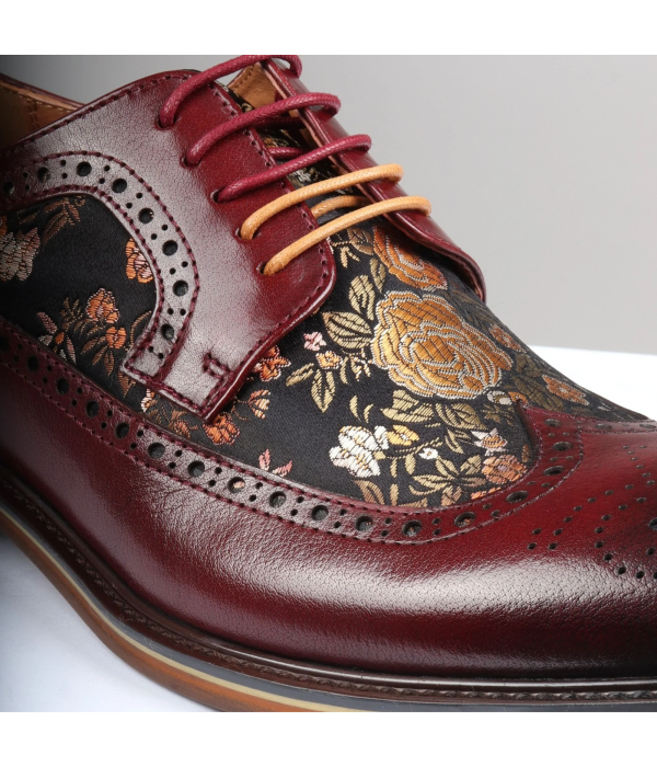 Ross - Men's Floral Print Leather Red Brogue Shoes