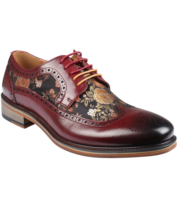 Ross - Men's Floral Print Leather Red Brogue Shoes