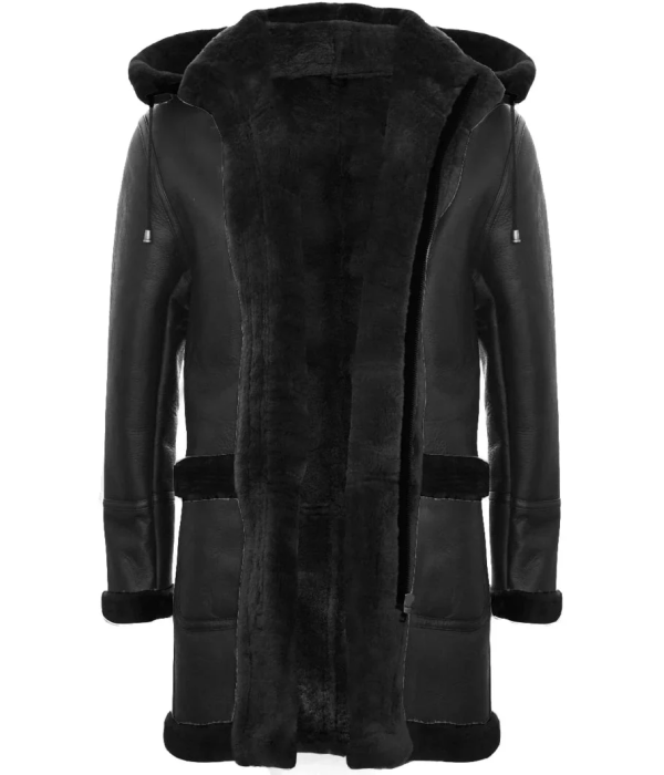 Men's Shearling Sheepskin Duffle Coat WW2 UK Winter 3/4 Leather Hood