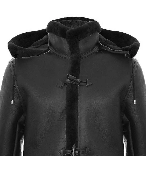 Men's Shearling Sheepskin Duffle Coat WW2 UK Winter 3/4 Leather Hood