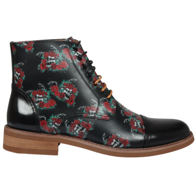 Adam - Men's Black Floral Skull Print Leather Oxford Boots