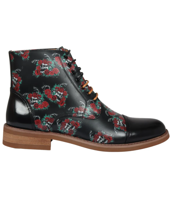 Adam - Men's Black Floral Skull Print Leather Oxford Boots