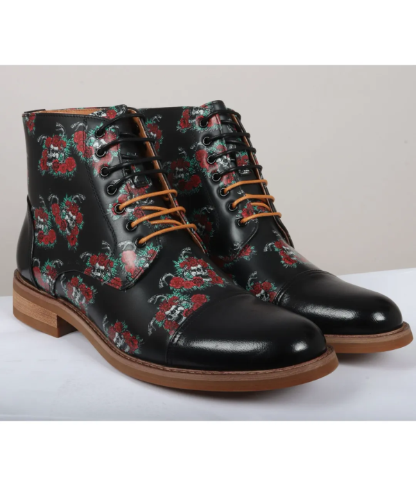 Adam - Men's Black Floral Skull Print Leather Oxford Boots