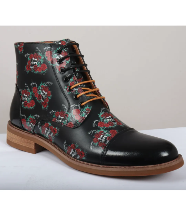 Adam - Men's Black Floral Skull Print Leather Oxford Boots