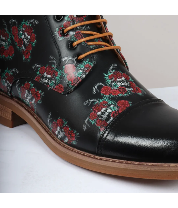 Adam - Men's Black Floral Skull Print Leather Oxford Boots