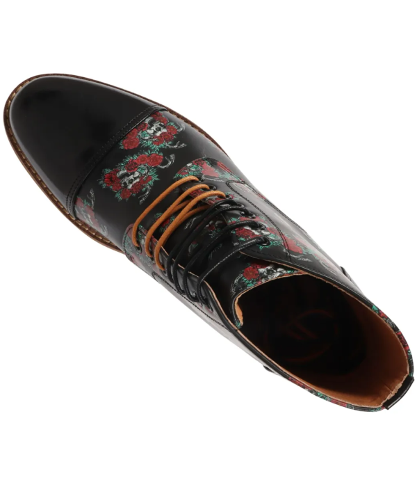 Adam - Men's Black Floral Skull Print Leather Oxford Boots