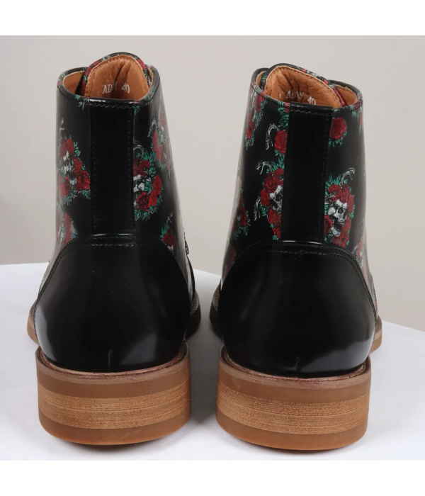 Adam - Men's Black Floral Skull Print Leather Oxford Boots