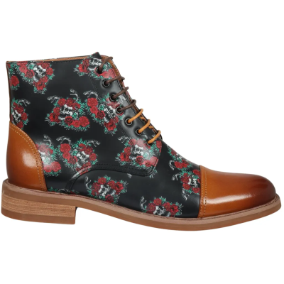 Adam - Men's Brown Floral Skull Print Leather Oxford Boots