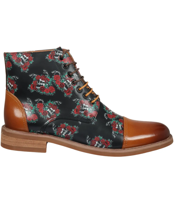 Adam - Men's Brown Floral Skull Print Leather Oxford Boots