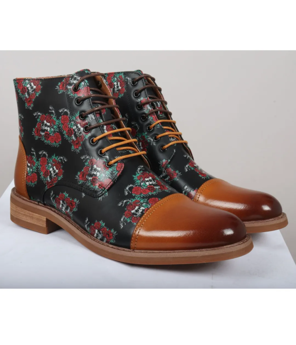 Adam - Men's Brown Floral Skull Print Leather Oxford Boots