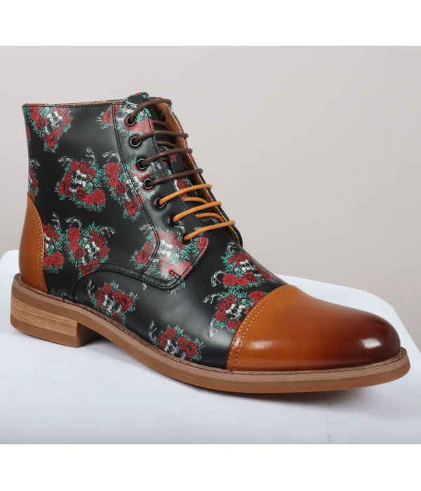 Adam - Men's Brown Floral Skull Print Leather Oxford Boots