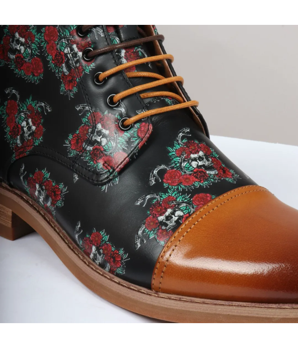 Adam - Men's Brown Floral Skull Print Leather Oxford Boots