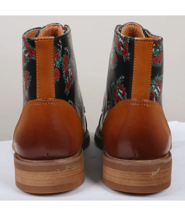 Adam - Men's Brown Floral Skull Print Leather Oxford Boots