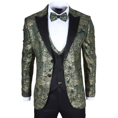 AK-28 - Men's 3 Piece Green Paisley Wedding Suit