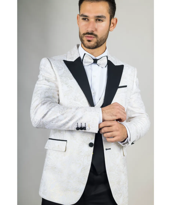 AK-29 - Men's 3 Piece White Paisley Wedding Suit