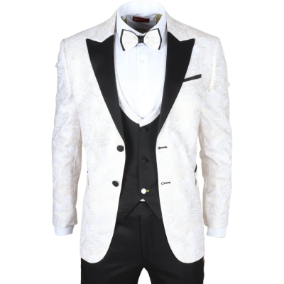 AK-29 - Men's 3 Piece White Paisley Wedding Suit