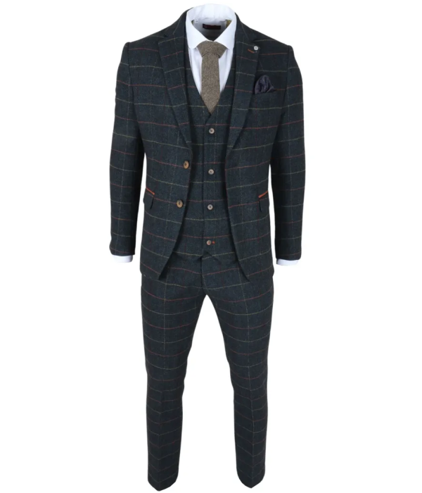 Archer - Men's Navy Checked Herringbone Tweed 3 Piece Suit