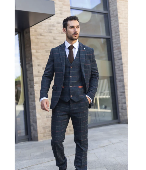 Archer - Men's Navy Checked Herringbone Tweed 3 Piece Suit