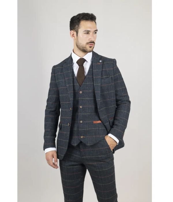 Archer - Men's Navy Checked Herringbone Tweed 3 Piece Suit