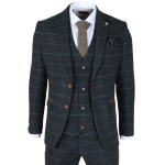 Archer - Men's Navy Checked Herringbone Tweed 3 Piece Suit - 50UK Jacket/Waistcoat + 44W Trousers