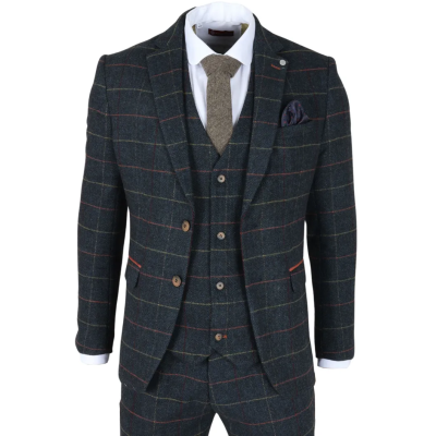 Archer - Men's Navy Checked Herringbone Tweed 3 Piece Suit