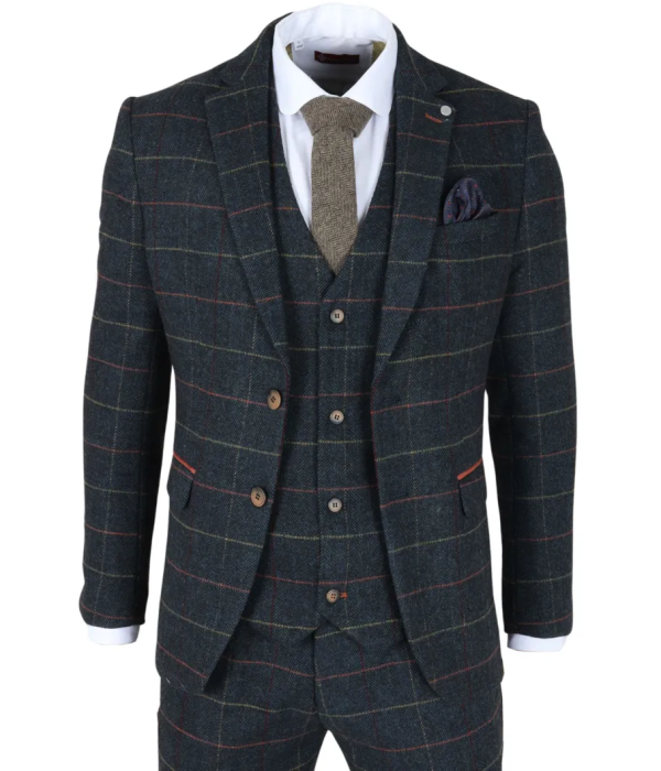 Archer - Men's Navy Checked Herringbone Tweed 3 Piece Suit