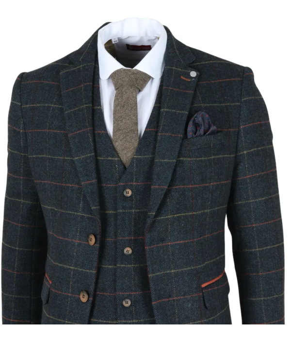 Archer - Men's Navy Checked Herringbone Tweed 3 Piece Suit