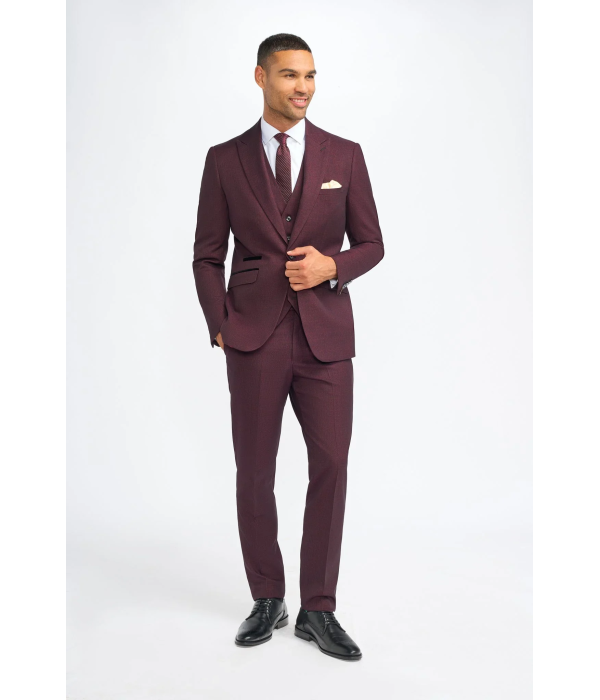 Caridi - Men's Burgundy 3 Piece Checked Suit