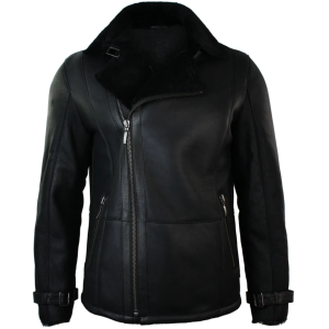 Men’s Winter Sheepskin Black Mid Length Fitted Jacket Cross Zip