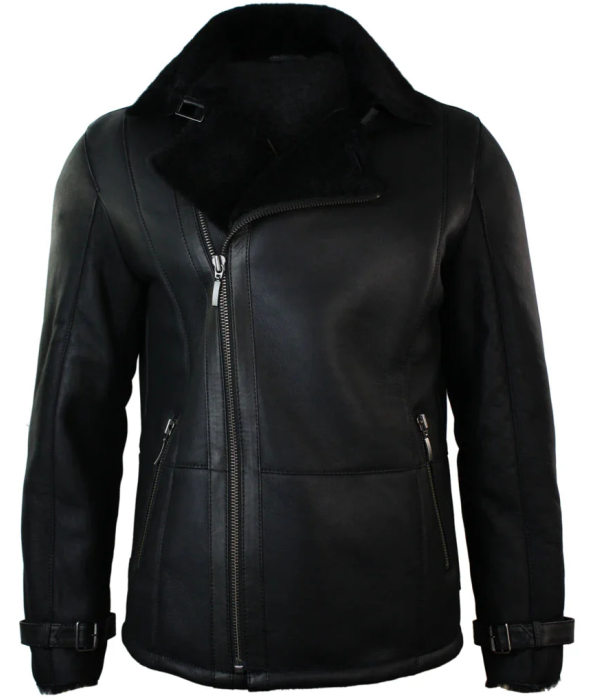 Men's Winter Sheepskin Black Mid Length Fitted Jacket Cross Zip