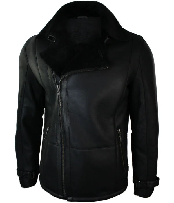 Men's Winter Sheepskin Black Mid Length Fitted Jacket Cross Zip