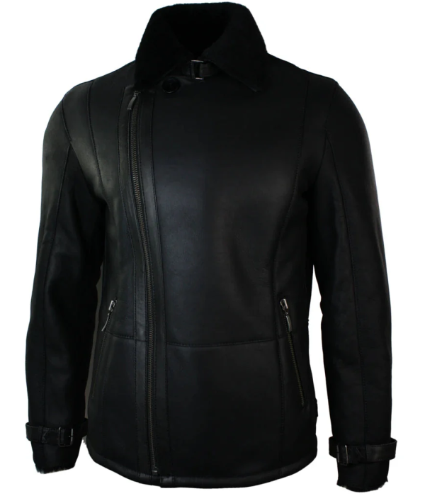 Men's Winter Sheepskin Black Mid Length Fitted Jacket Cross Zip