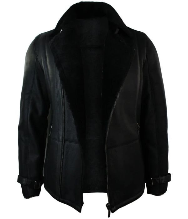 Men's Winter Sheepskin Black Mid Length Fitted Jacket Cross Zip