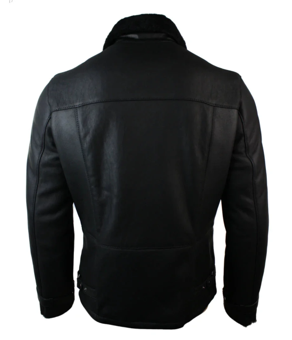 Men's Winter Sheepskin Black Mid Length Fitted Jacket Cross Zip