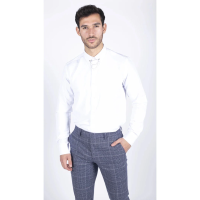 Men's White Button Down Poplin Shirt With Bar & Chain Formal Classic