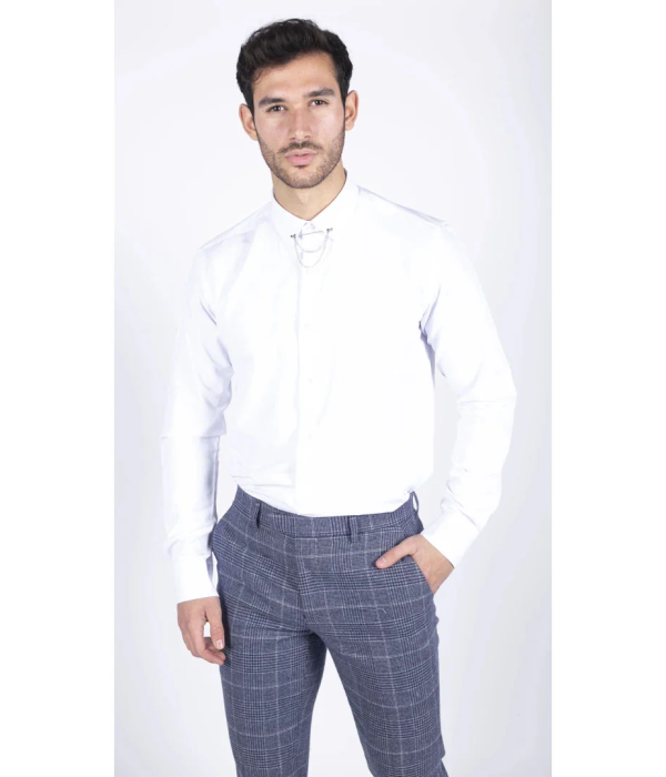 Men's White Button Down Poplin Shirt With Bar & Chain Formal Classic