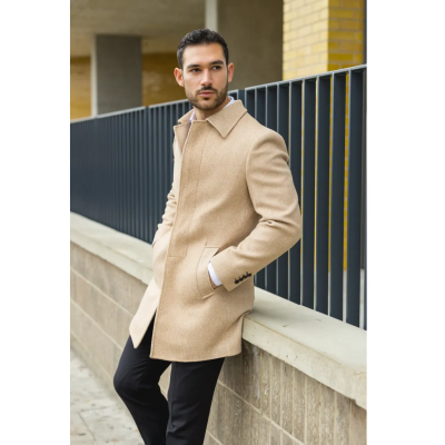 Men's Classic Collar Wool Blend Beige Overcoat