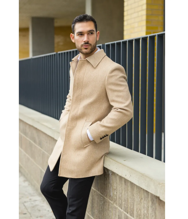 Men's Classic Collar Wool Blend Beige Overcoat