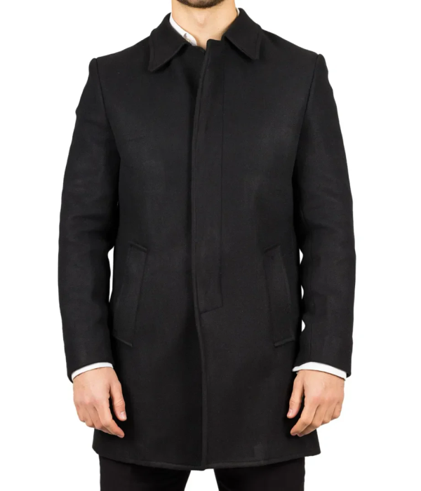 Men's Classic Collar Wool Blend Black Overcoat