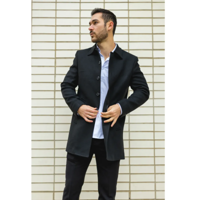 Men's Classic Collar Wool Blend Black Overcoat